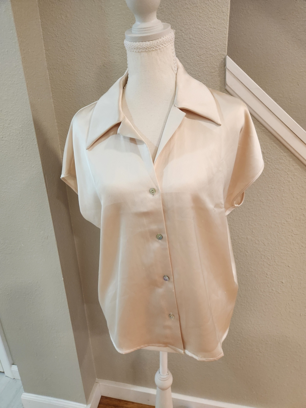 Rachel Zoe Champagne Satin Short-Sleeve Button Down Shirt